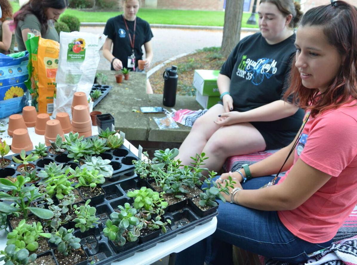 Students sit around plants at the Environmental Club table